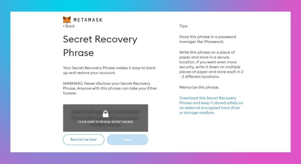 Metamask wallet Secret recovery phrase